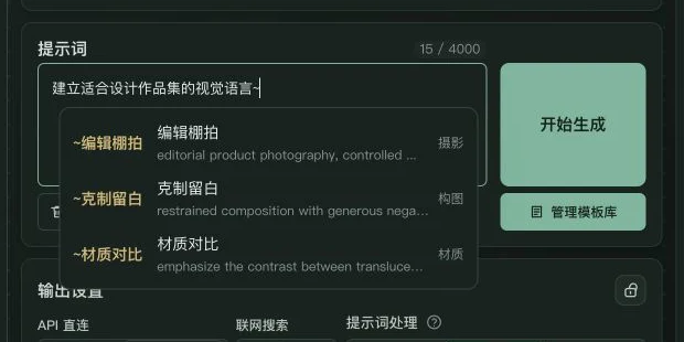 提示词编辑器中输入波浪号后显示三个可复用提示词片段